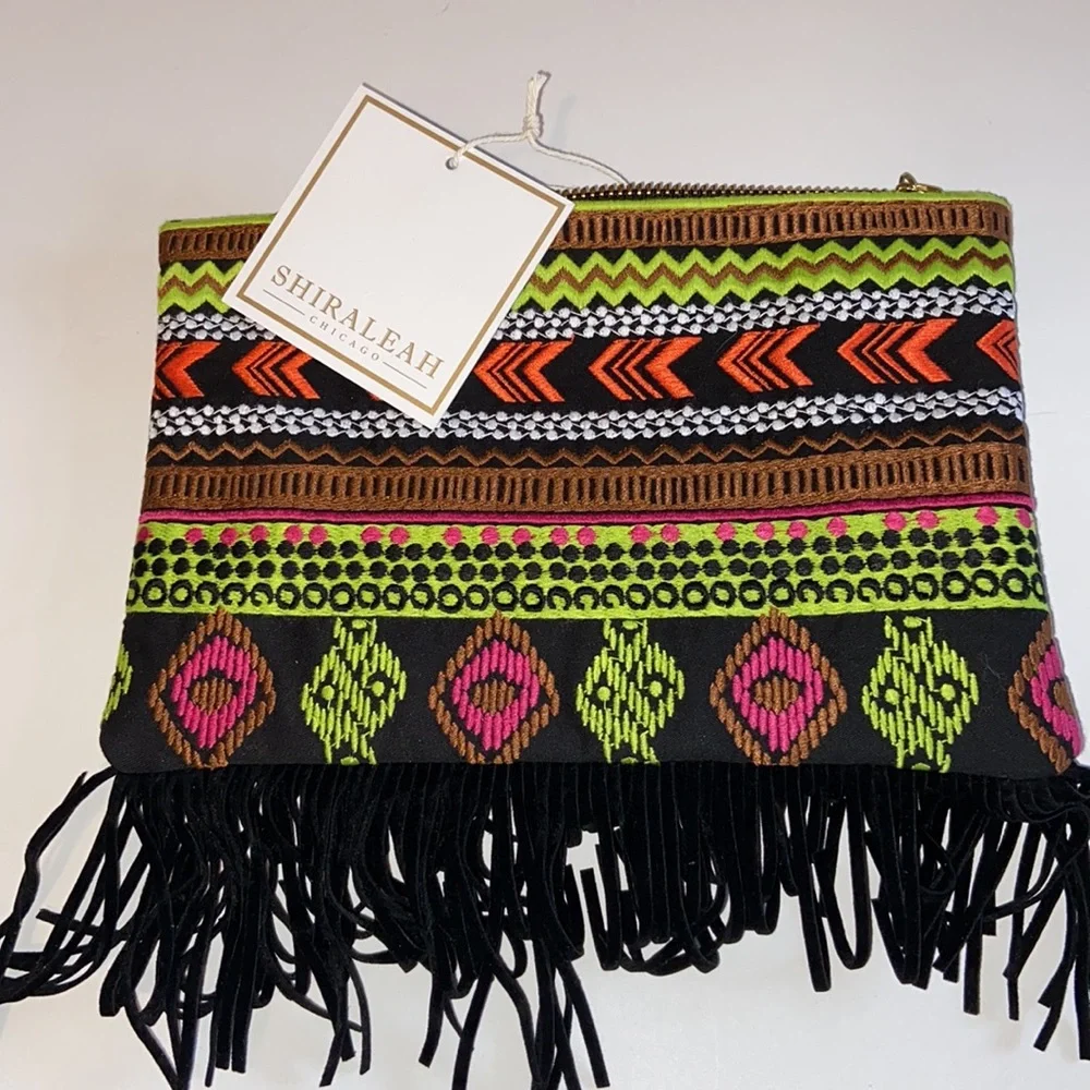 NWT Shiraleah Chicago Embroidered fringe clutch Colorful Southwestern Pattern - Picture 9 of 14